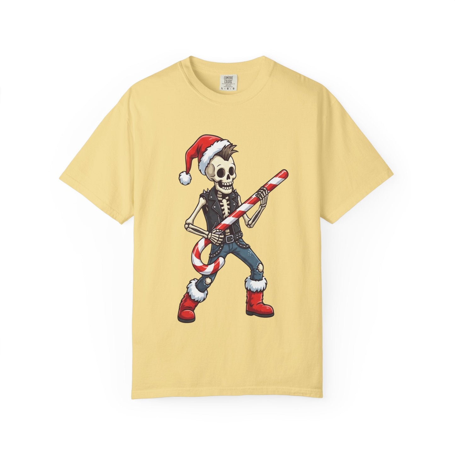 Punk Rock Santa Skeleton: Holiday Rebel Art, Edgy Christmas Character Design T-shirt – Custom T-Shirt by PixelCraft360, unique decoration for events and special gifts