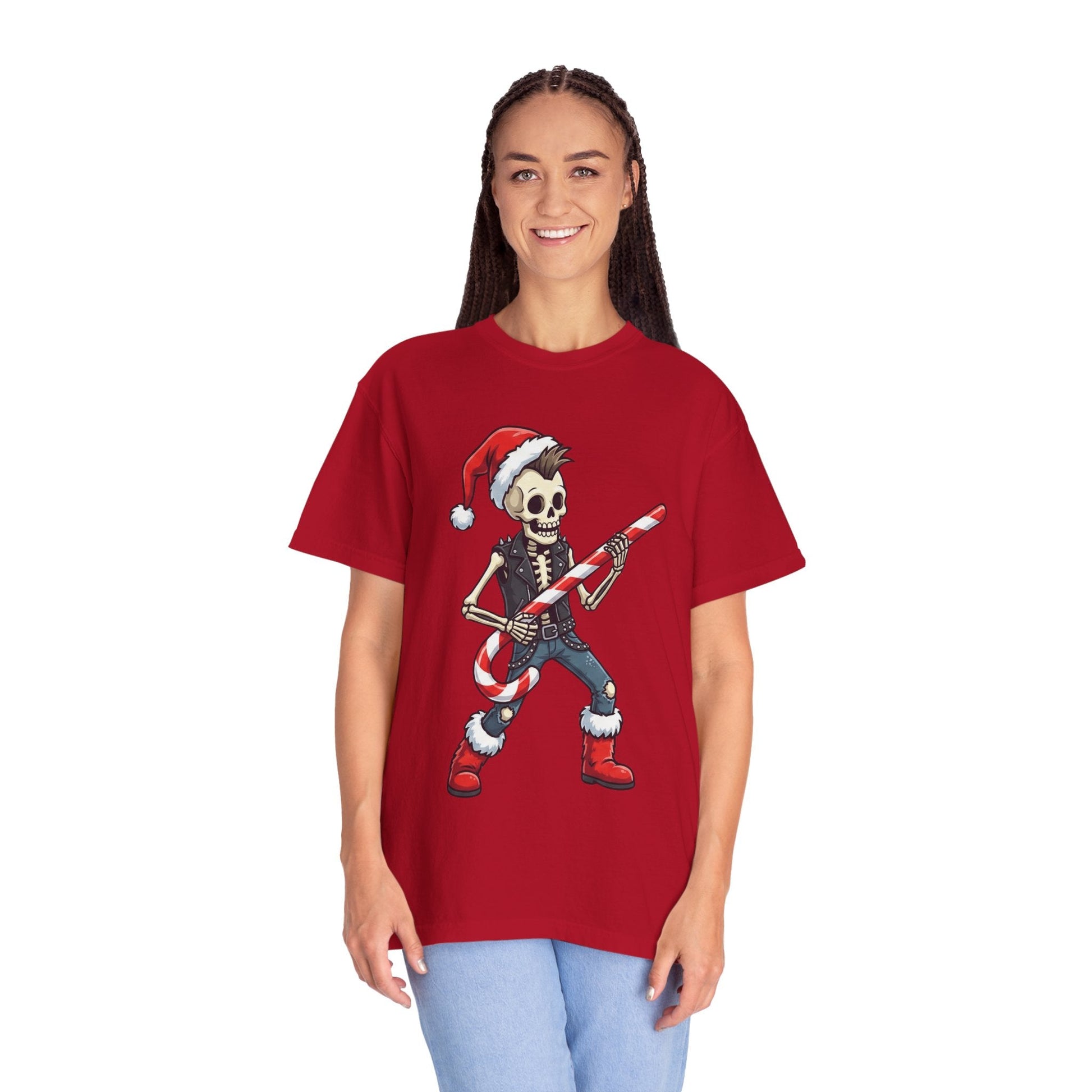 Punk Rock Santa Skeleton: Holiday Rebel Art, Edgy Christmas Character Design T-shirt – Custom T-Shirt by PixelCraft360, unique decoration for events and special gifts
