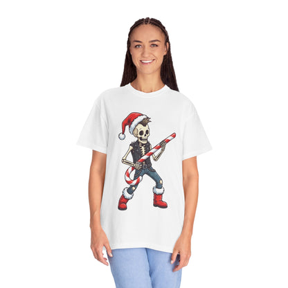 Punk Rock Santa Skeleton: Holiday Rebel Art, Edgy Christmas Character Design T-shirt – Custom T-Shirt by PixelCraft360, unique decoration for events and special gifts