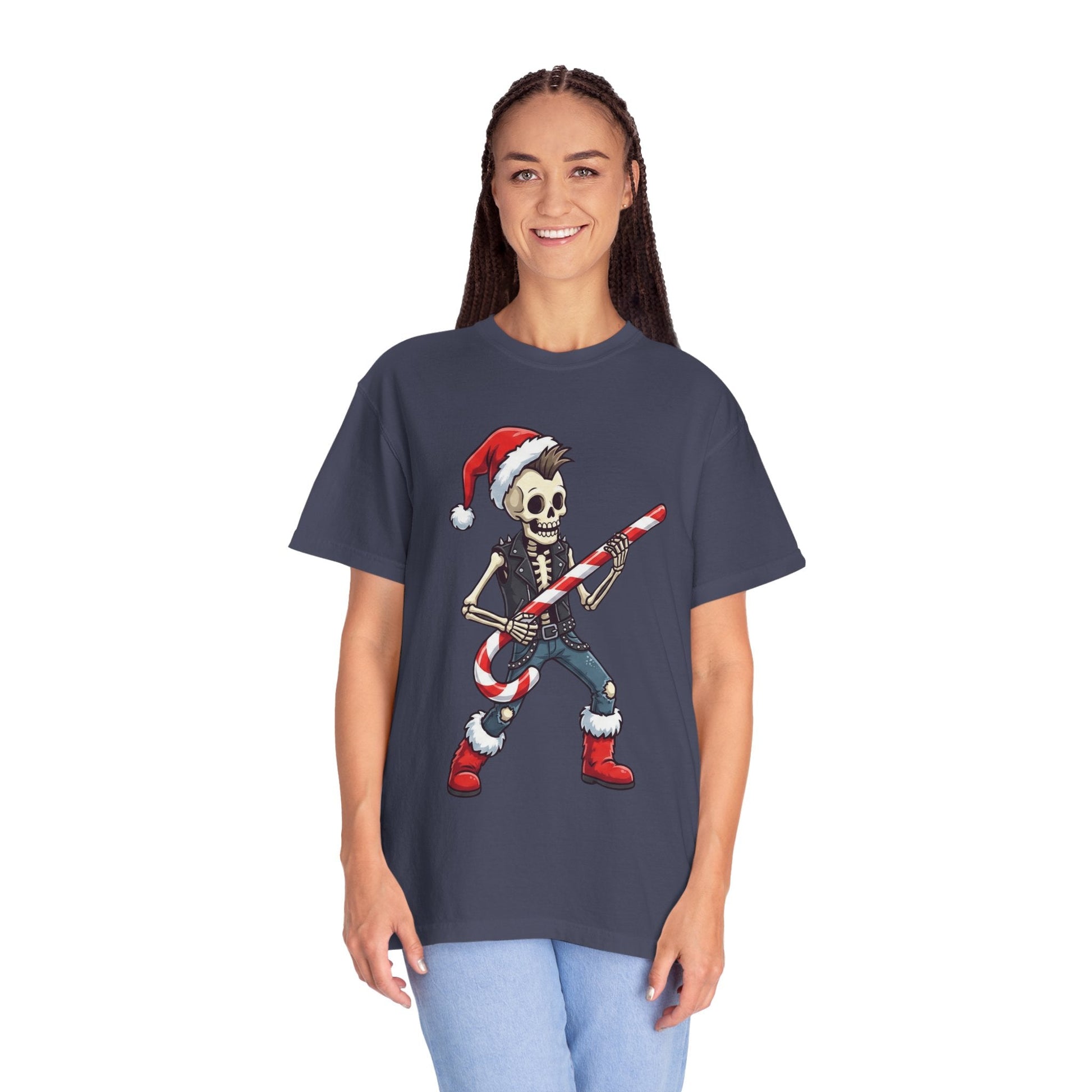 Punk Rock Santa Skeleton: Holiday Rebel Art, Edgy Christmas Character Design T-shirt – Custom T-Shirt by PixelCraft360, unique decoration for events and special gifts