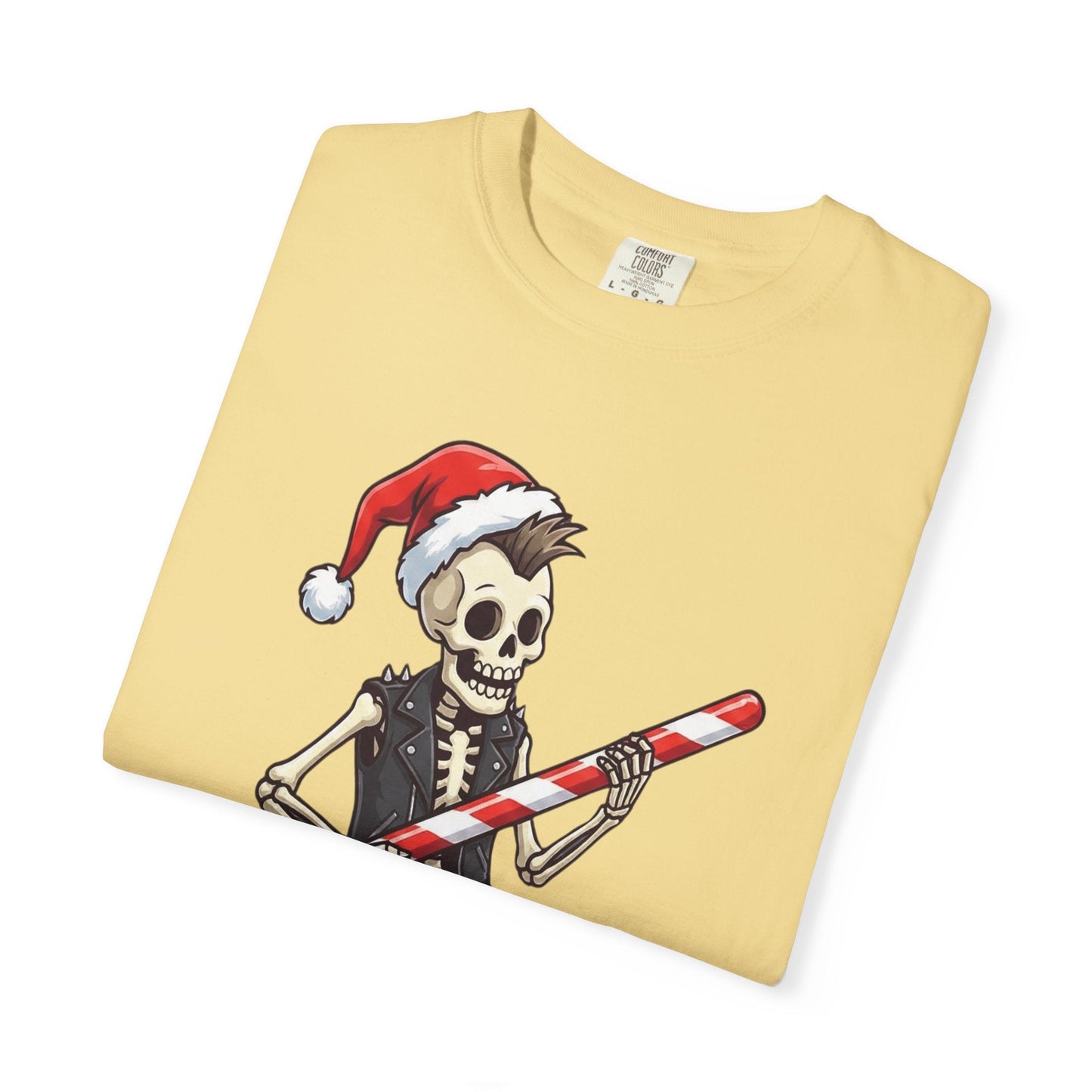 Punk Rock Santa Skeleton: Holiday Rebel Art, Edgy Christmas Character Design T-shirt – Custom T-Shirt by PixelCraft360, unique decoration for events and special gifts