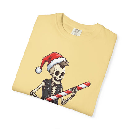 Punk Rock Santa Skeleton: Holiday Rebel Art, Edgy Christmas Character Design T-shirt – Custom T-Shirt by PixelCraft360, unique decoration for events and special gifts