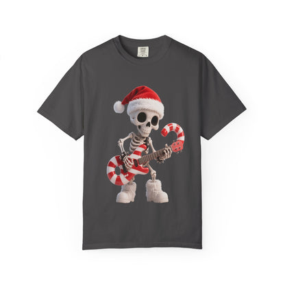 Rockin' Bones Holiday Shred: Festive Skeleton Guitarist, 3D Digital Cartoon Illustration T-shirt – Custom T-Shirt by PixelCraft360, unique decoration for events and special gifts