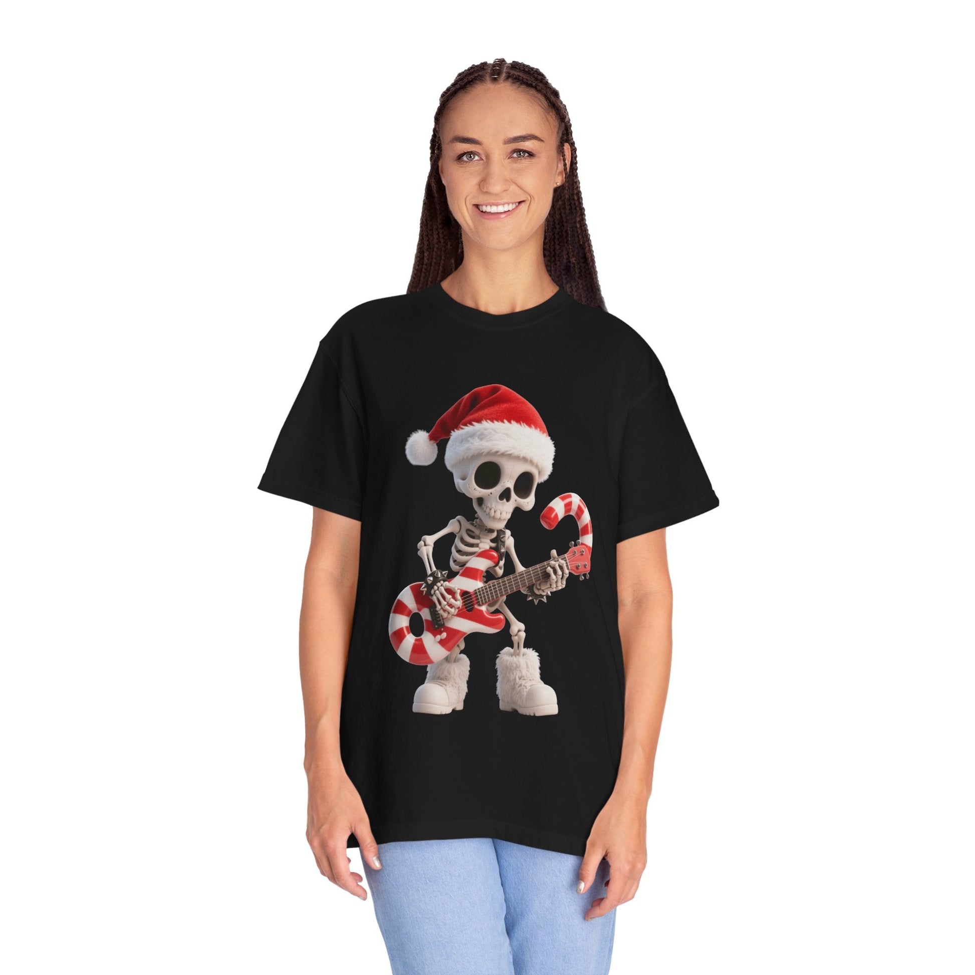 Rockin' Bones Holiday Shred: Festive Skeleton Guitarist, 3D Digital Cartoon Illustration T-shirt – Custom T-Shirt by PixelCraft360, unique decoration for events and special gifts