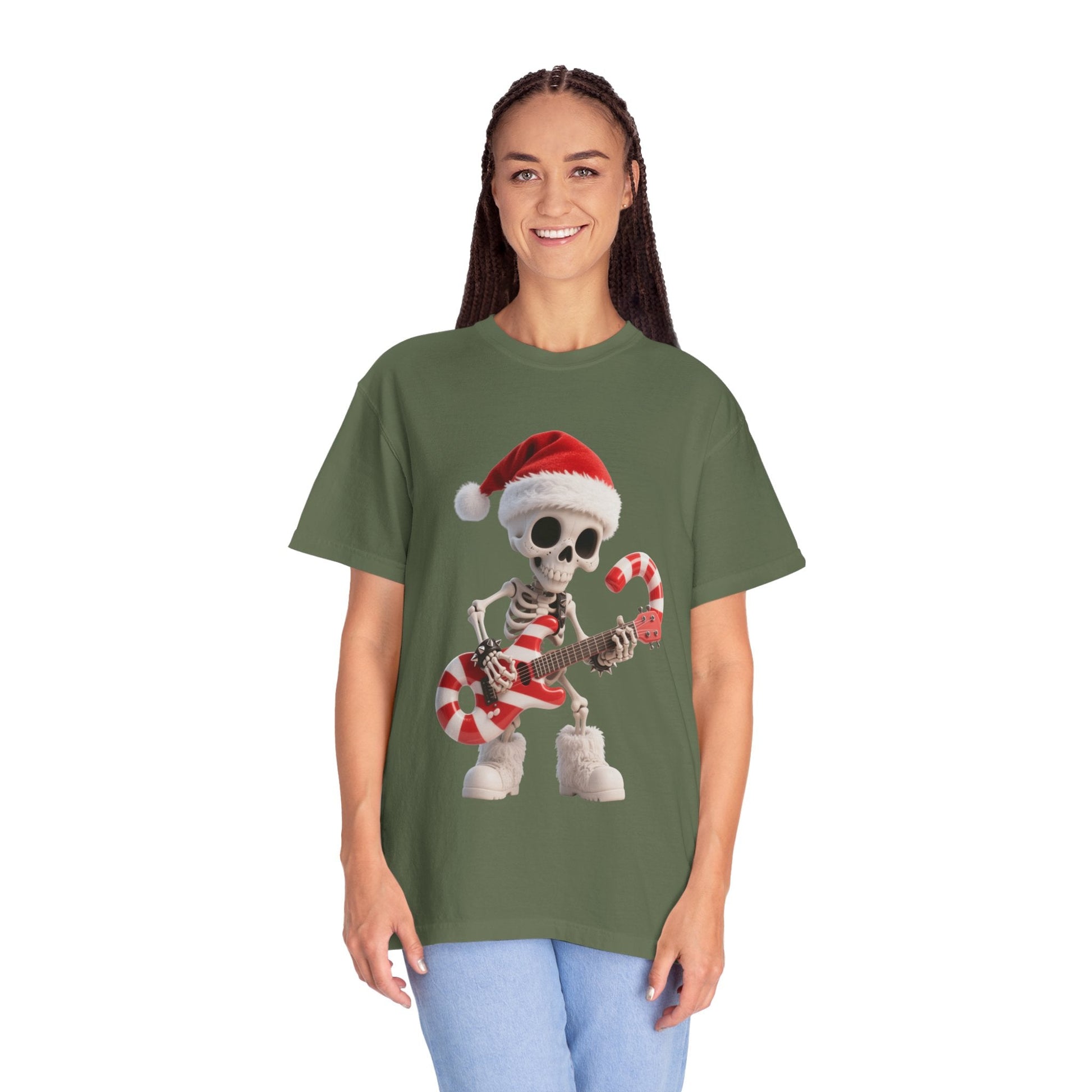 Rockin' Bones Holiday Shred: Festive Skeleton Guitarist, 3D Digital Cartoon Illustration T-shirt – Custom T-Shirt by PixelCraft360, unique decoration for events and special gifts