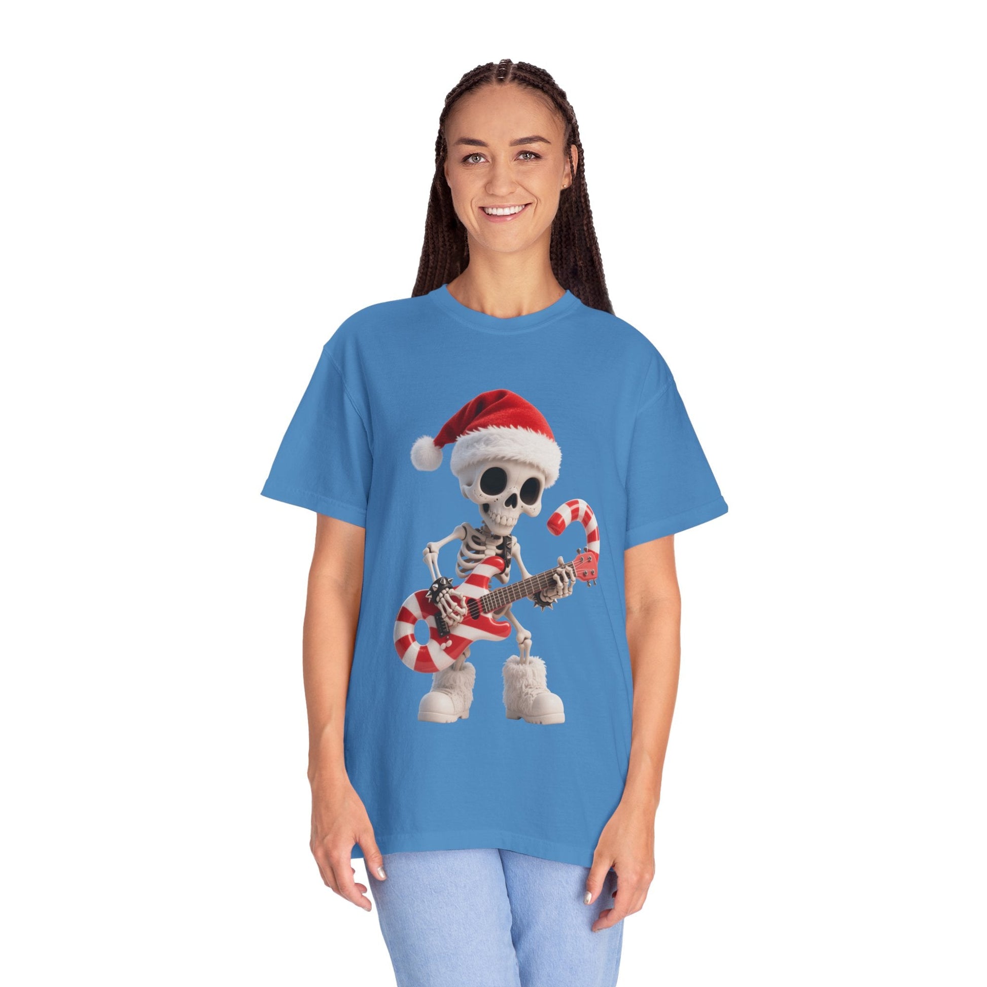 Rockin' Bones Holiday Shred: Festive Skeleton Guitarist, 3D Digital Cartoon Illustration T-shirt – Custom T-Shirt by PixelCraft360, unique decoration for events and special gifts