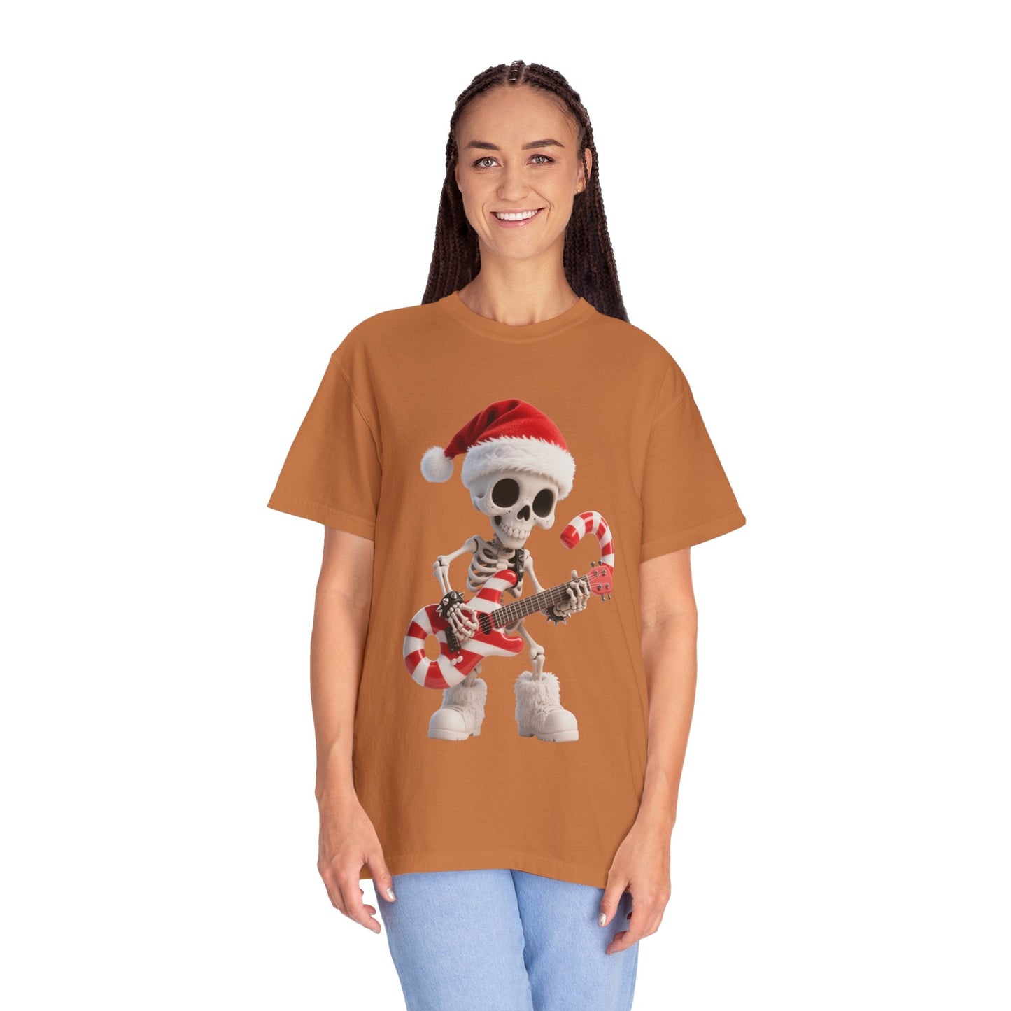 Rockin' Bones Holiday Shred: Festive Skeleton Guitarist, 3D Digital Cartoon Illustration T-shirt – Custom T-Shirt by PixelCraft360, unique decoration for events and special gifts
