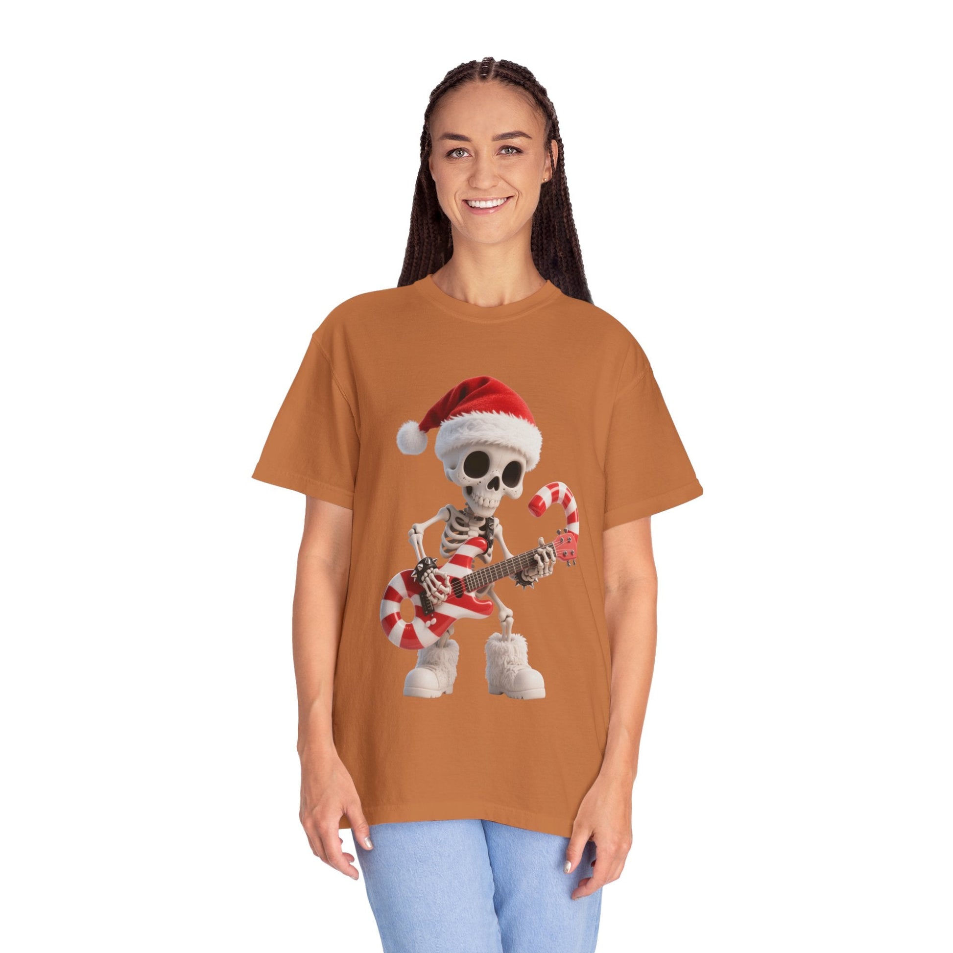 Rockin' Bones Holiday Shred: Festive Skeleton Guitarist, 3D Digital Cartoon Illustration T-shirt – Custom T-Shirt by PixelCraft360, unique decoration for events and special gifts