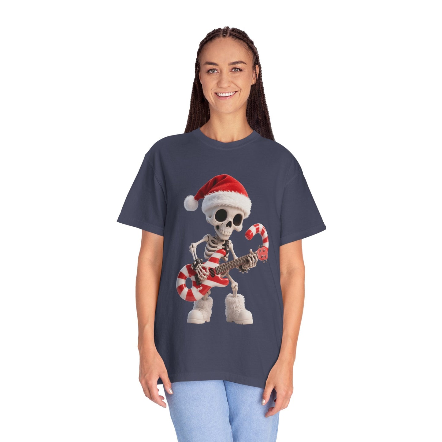 Rockin' Bones Holiday Shred: Festive Skeleton Guitarist, 3D Digital Cartoon Illustration T-shirt – Custom T-Shirt by PixelCraft360, unique decoration for events and special gifts