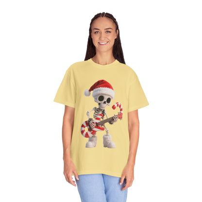 Rockin' Bones Holiday Shred: Festive Skeleton Guitarist, 3D Digital Cartoon Illustration T-shirt – Custom T-Shirt by PixelCraft360, unique decoration for events and special gifts