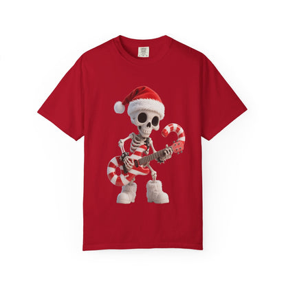 Rockin' Bones Holiday Shred: Festive Skeleton Guitarist, 3D Digital Cartoon Illustration T-shirt – Custom T-Shirt by PixelCraft360, unique decoration for events and special gifts