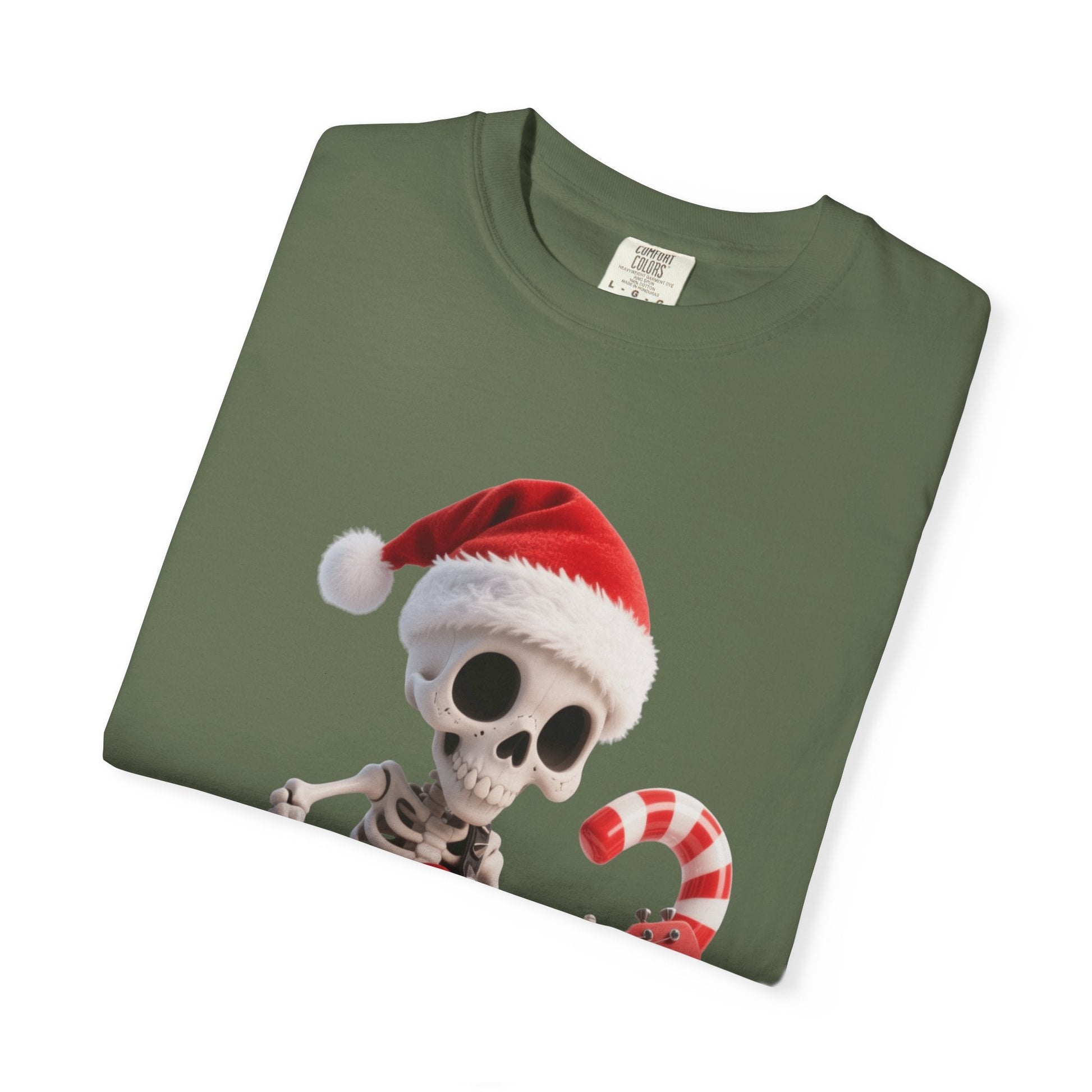 Rockin' Bones Holiday Shred: Festive Skeleton Guitarist, 3D Digital Cartoon Illustration T-shirt – Custom T-Shirt by PixelCraft360, unique decoration for events and special gifts