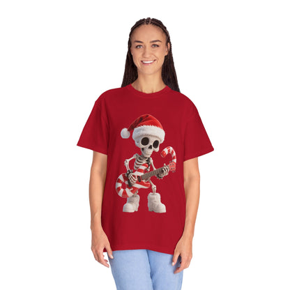 Rockin' Bones Holiday Shred: Festive Skeleton Guitarist, 3D Digital Cartoon Illustration T-shirt – Custom T-Shirt by PixelCraft360, unique decoration for events and special gifts