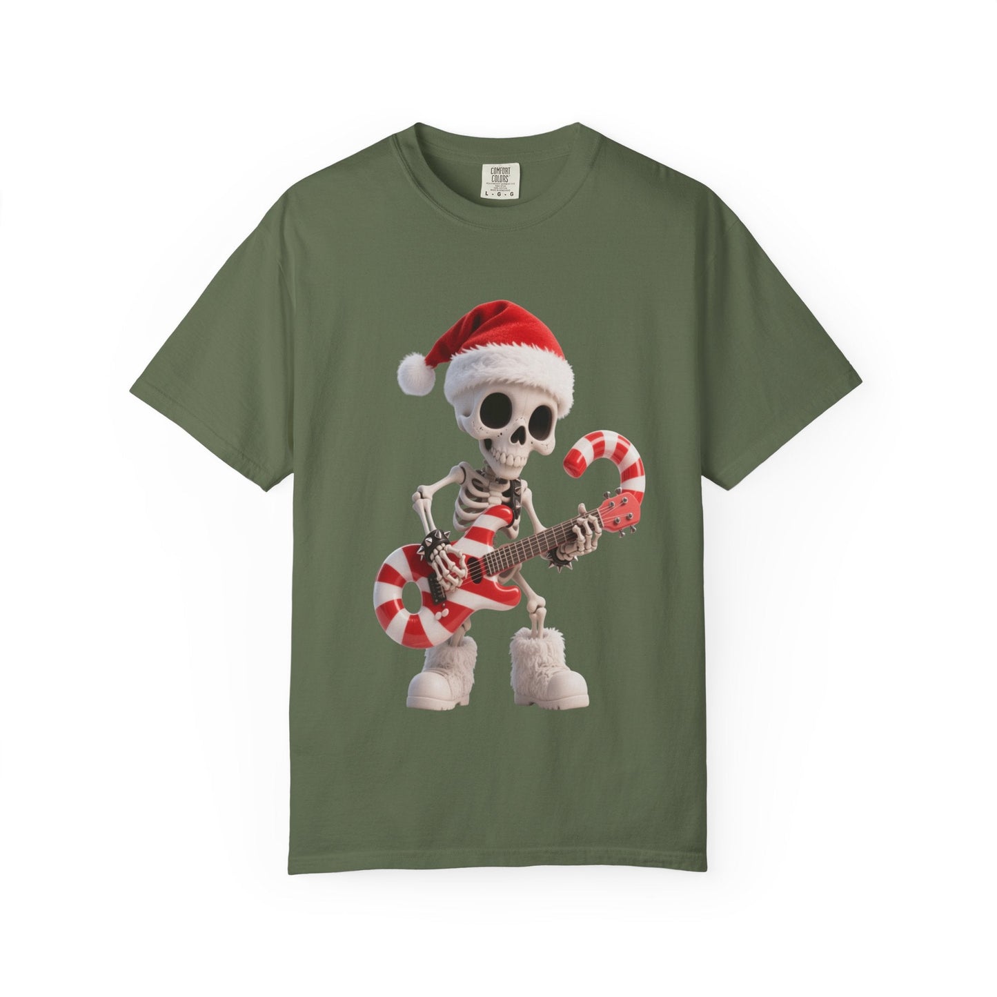Rockin' Bones Holiday Shred: Festive Skeleton Guitarist, 3D Digital Cartoon Illustration T-shirt – Custom T-Shirt by PixelCraft360, unique decoration for events and special gifts