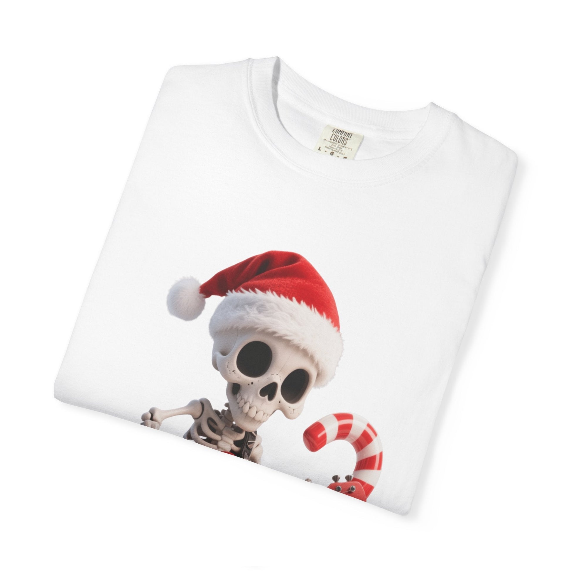 Rockin' Bones Holiday Shred: Festive Skeleton Guitarist, 3D Digital Cartoon Illustration T-shirt – Custom T-Shirt by PixelCraft360, unique decoration for events and special gifts