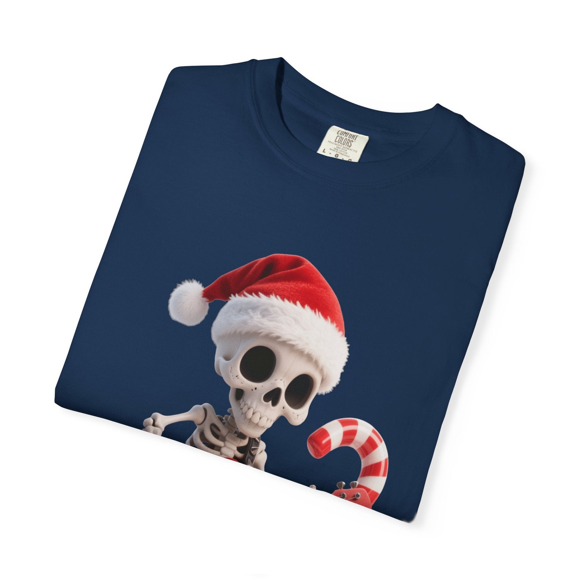 Rockin' Bones Holiday Shred: Festive Skeleton Guitarist, 3D Digital Cartoon Illustration T-shirt – Custom T-Shirt by PixelCraft360, unique decoration for events and special gifts