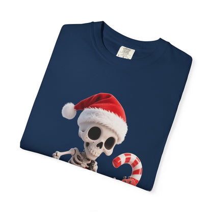 Rockin' Bones Holiday Shred: Festive Skeleton Guitarist, 3D Digital Cartoon Illustration T-shirt – Custom T-Shirt by PixelCraft360, unique decoration for events and special gifts