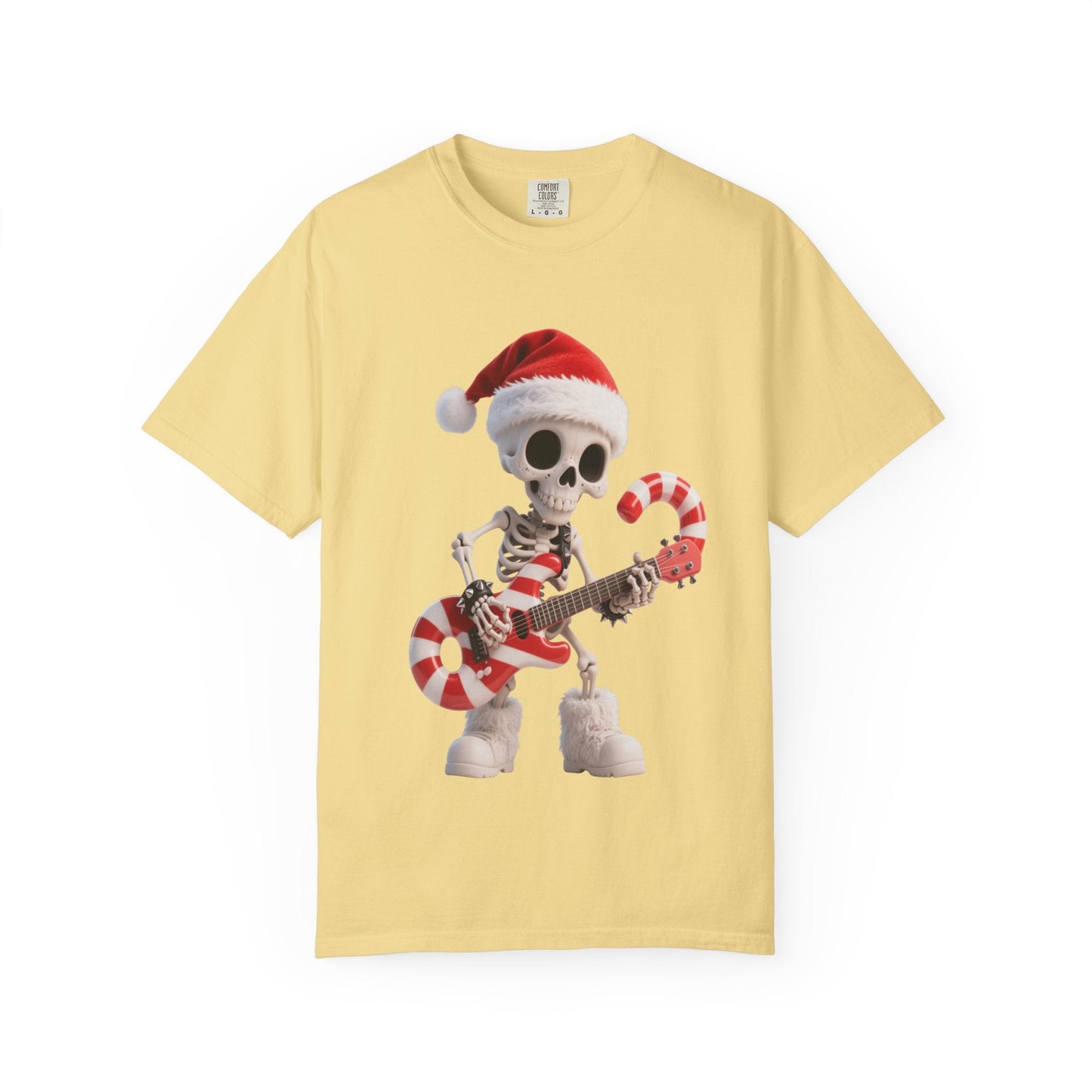 Rockin' Bones Holiday Shred: Festive Skeleton Guitarist, 3D Digital Cartoon Illustration T-shirt – Custom T-Shirt by PixelCraft360, unique decoration for events and special gifts