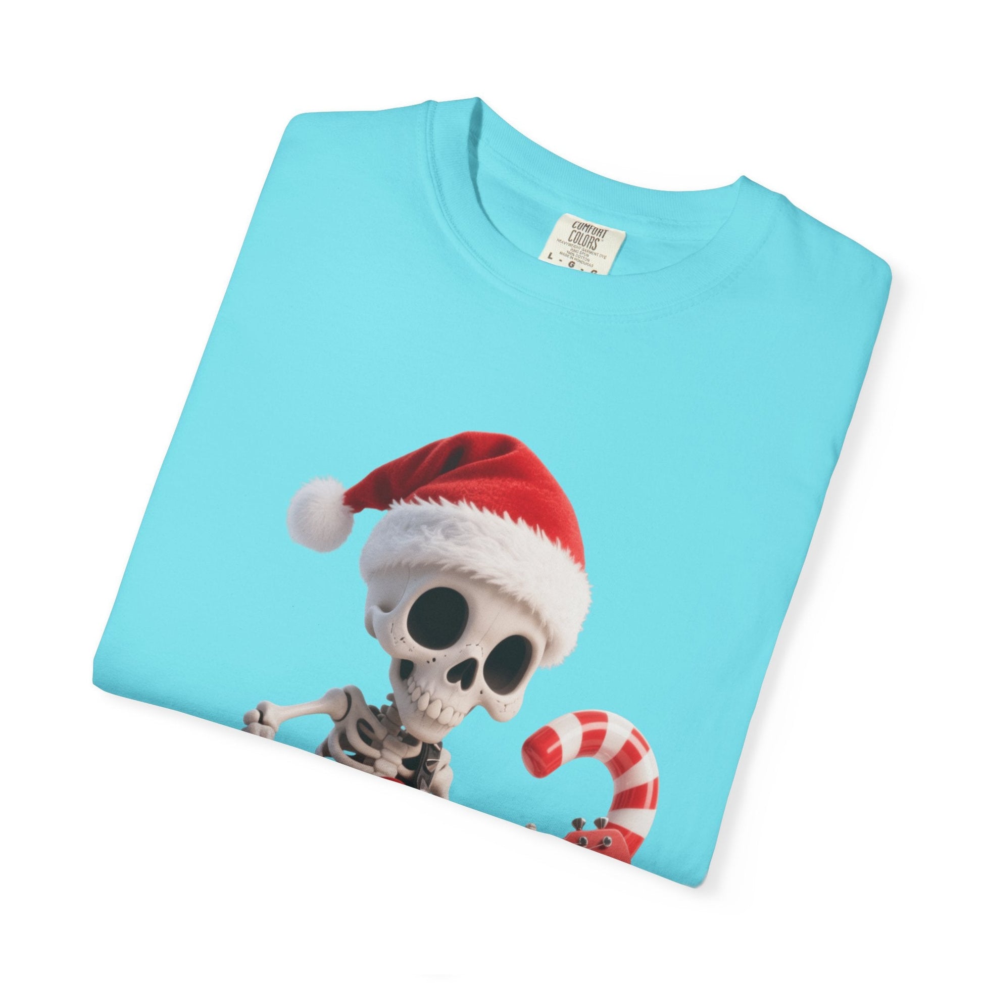 Rockin' Bones Holiday Shred: Festive Skeleton Guitarist, 3D Digital Cartoon Illustration T-shirt – Custom T-Shirt by PixelCraft360, unique decoration for events and special gifts