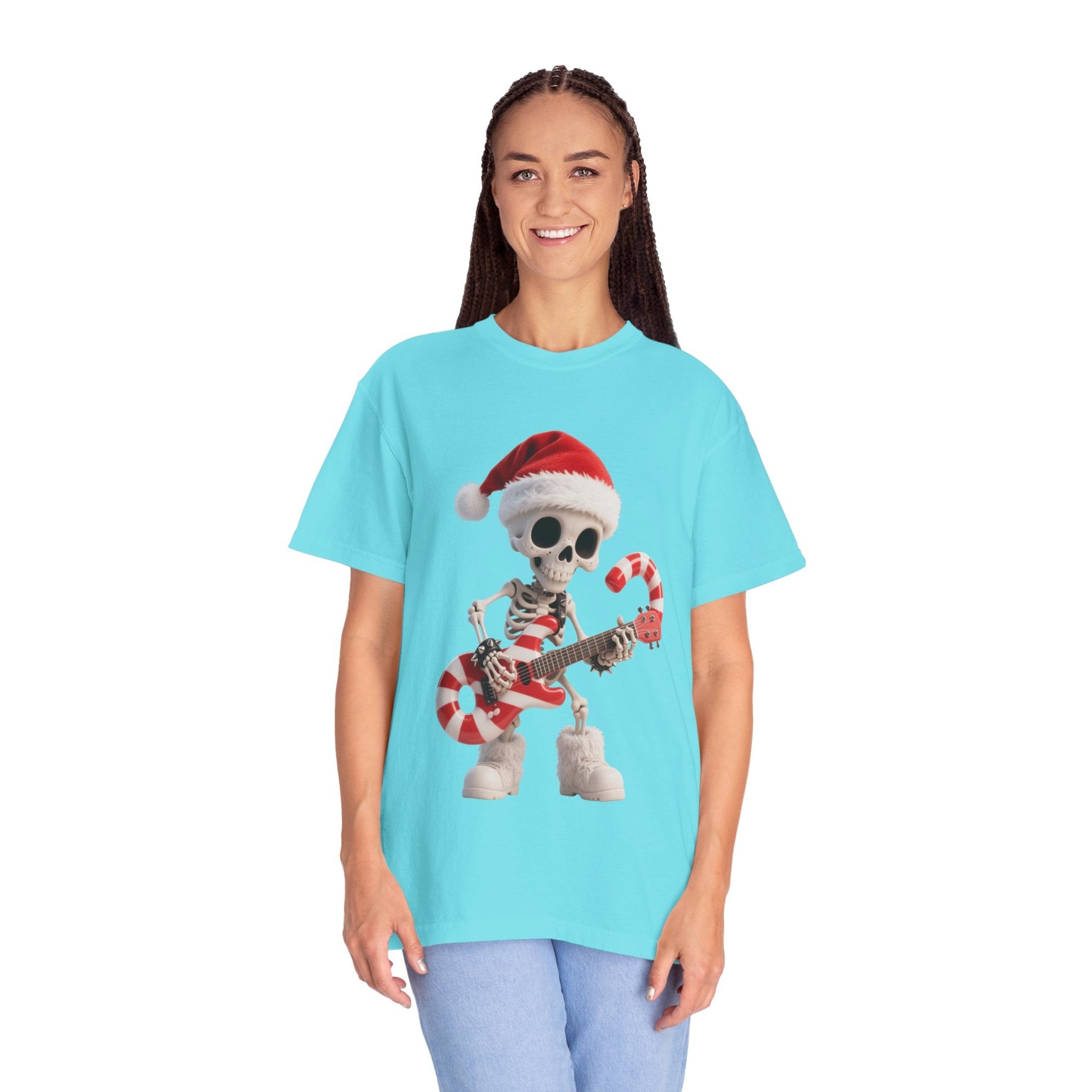 Rockin' Bones Holiday Shred: Festive Skeleton Guitarist, 3D Digital Cartoon Illustration T-shirt – Custom T-Shirt by PixelCraft360, unique decoration for events and special gifts