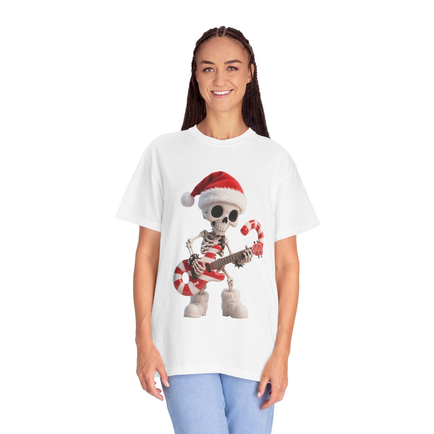 Rockin' Bones Holiday Shred: Festive Skeleton Guitarist, 3D Digital Cartoon Illustration T-shirt – Custom T-Shirt by PixelCraft360, unique decoration for events and special gifts