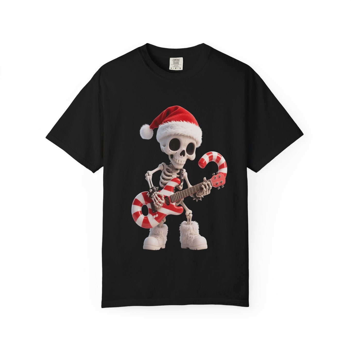 Rockin' Bones Holiday Shred: Festive Skeleton Guitarist, 3D Digital Cartoon Illustration T-shirt – Custom T-Shirt by PixelCraft360, unique decoration for events and special gifts