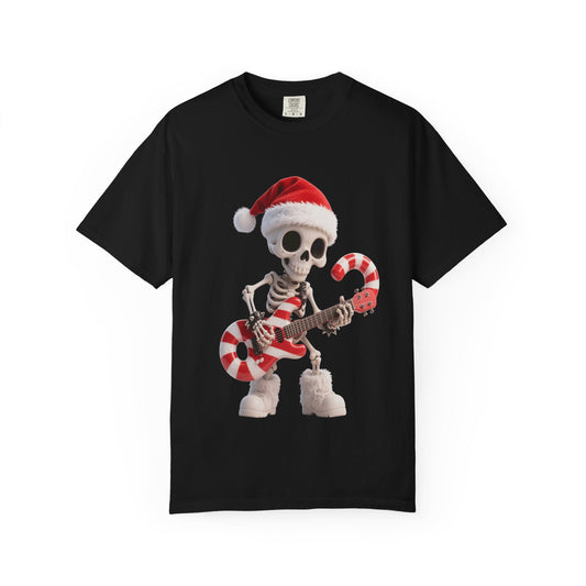 Rockin' Bones Holiday Shred: Festive Skeleton Guitarist, 3D Digital Cartoon Illustration T-shirt – Custom T-Shirt by PixelCraft360, unique decoration for events and special gifts