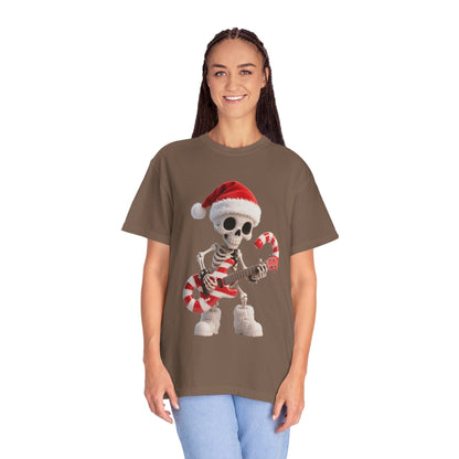 Rockin' Bones Holiday Shred: Festive Skeleton Guitarist, 3D Digital Cartoon Illustration T-shirt – Custom T-Shirt by PixelCraft360, unique decoration for events and special gifts
