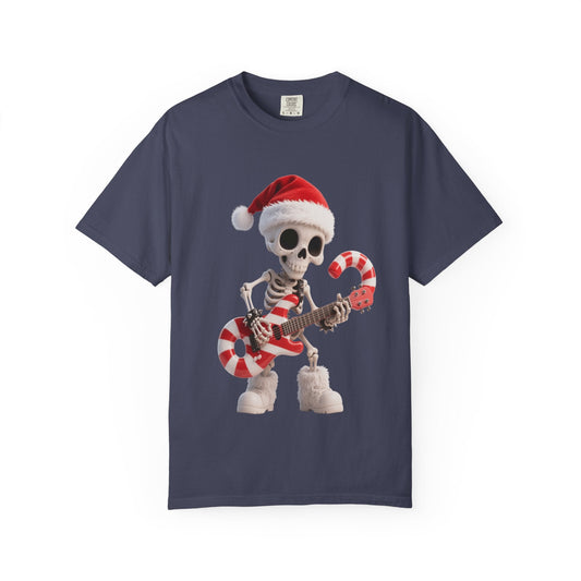 Rockin' Bones Holiday Shred: Festive Skeleton Guitarist, 3D Digital Cartoon Illustration T-shirt – Custom T-Shirt by PixelCraft360, unique decoration for events and special gifts