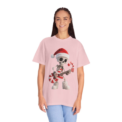Rockin' Bones Holiday Shred: Festive Skeleton Guitarist, 3D Digital Cartoon Illustration T-shirt – Custom T-Shirt by PixelCraft360, unique decoration for events and special gifts
