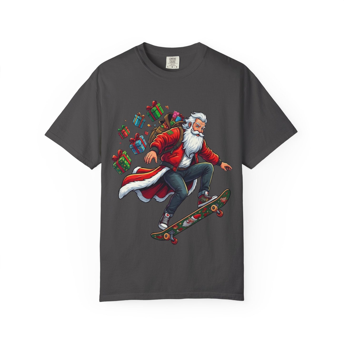 Santa's Radical Ride: Festive Street Style, Holiday Skateboard Adventure T-shirt – Custom T-Shirt by PixelCraft360, unique decoration for events and special gifts
