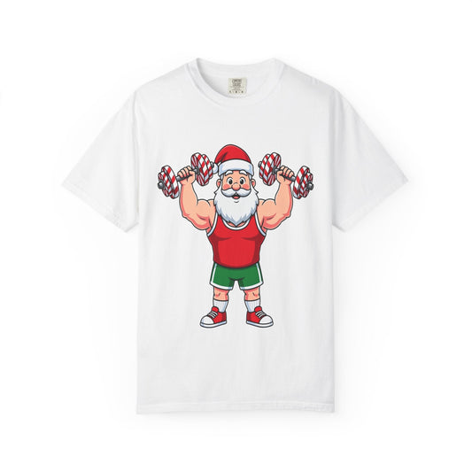 Santa's Workout Wonderland: Festive Fitness Fusion, Cartoon Christmas Muscle MadnessT-Shirt – Custom T-Shirt by PixelCraft360, unique decoration for events and special gifts