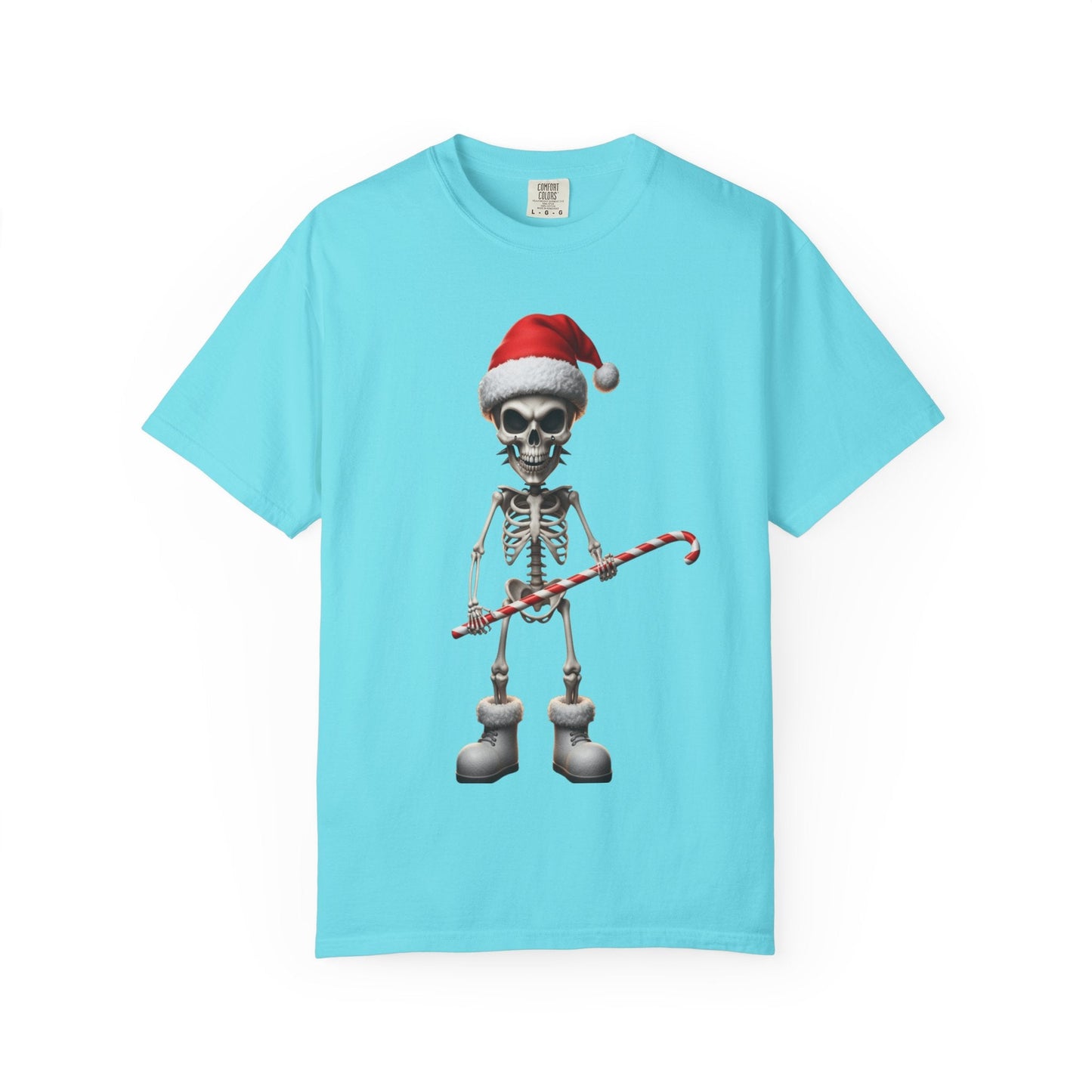 Skeletal Santa's Rockstar Christmas: Festive Skeletal Holiday Character, Digital Cartoon Illustration T-shirt – Custom T-Shirt by PixelCraft360, unique decoration for events and special gifts