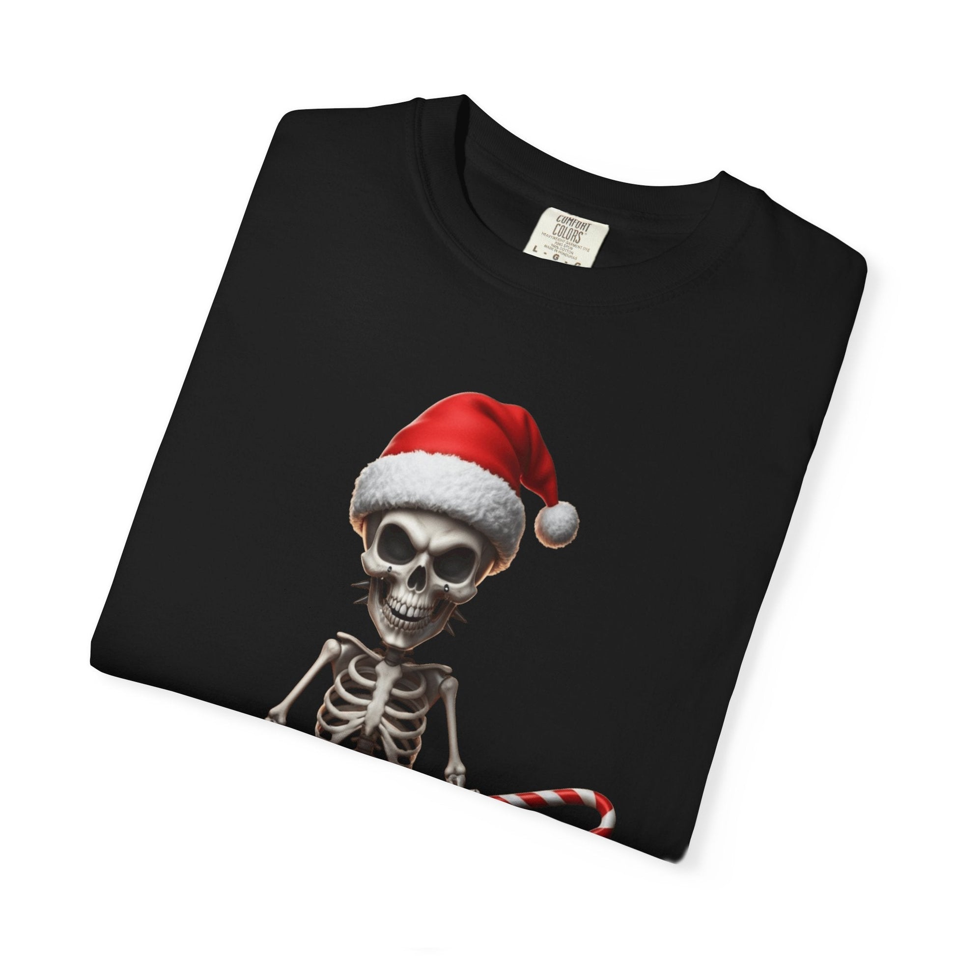 Skeletal Santa's Rockstar Christmas: Festive Skeletal Holiday Character, Digital Cartoon Illustration T-shirt – Custom T-Shirt by PixelCraft360, unique decoration for events and special gifts