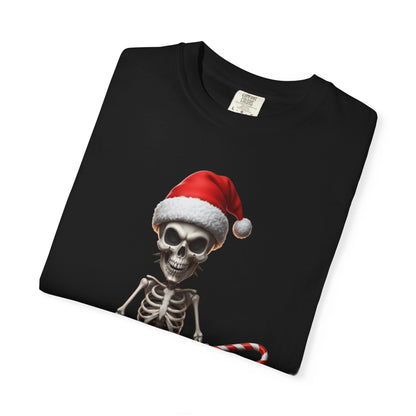 Skeletal Santa's Rockstar Christmas: Festive Skeletal Holiday Character, Digital Cartoon Illustration T-shirt – Custom T-Shirt by PixelCraft360, unique decoration for events and special gifts