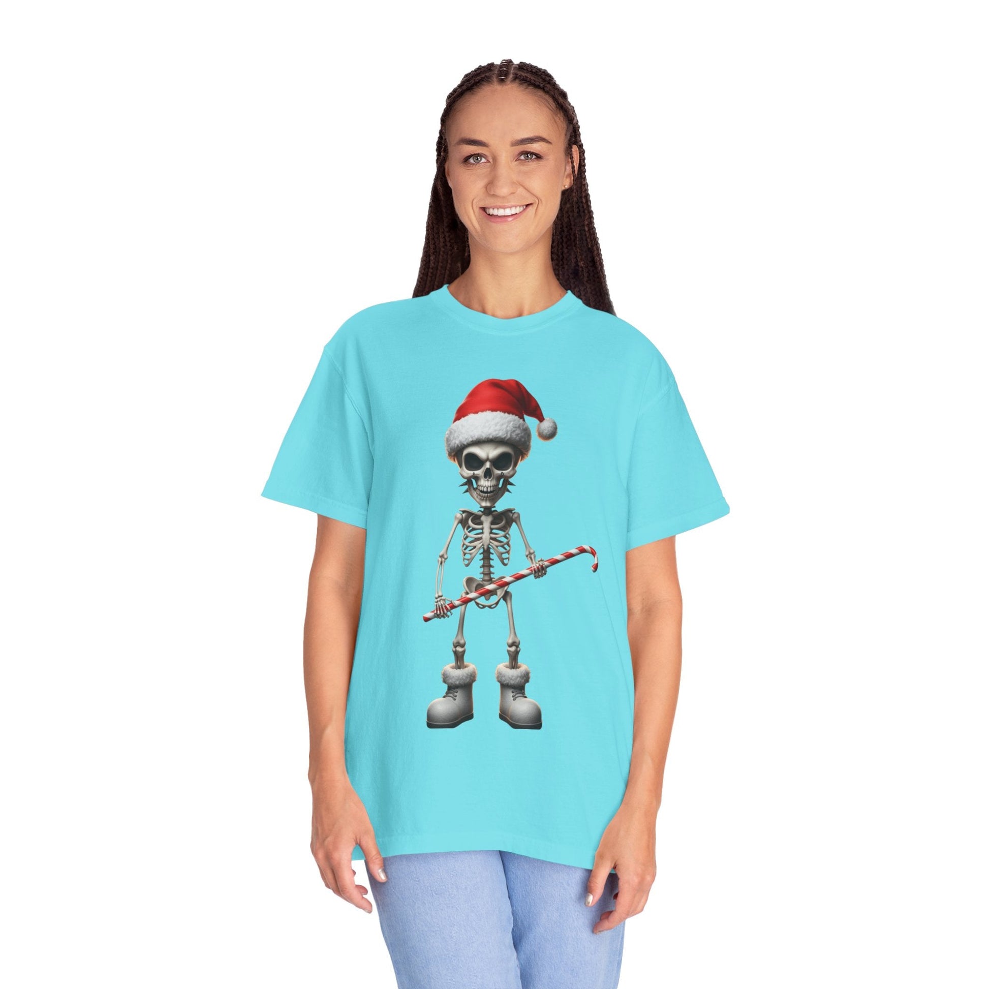 Skeletal Santa's Rockstar Christmas: Festive Skeletal Holiday Character, Digital Cartoon Illustration T-shirt – Custom T-Shirt by PixelCraft360, unique decoration for events and special gifts