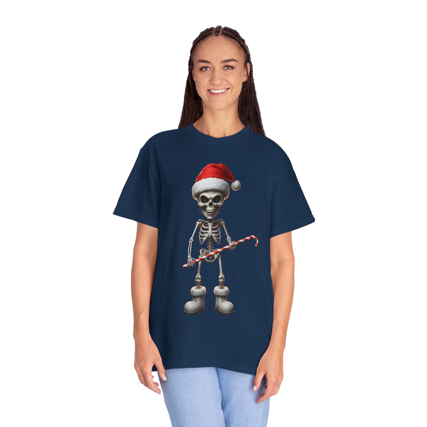 Skeletal Santa's Rockstar Christmas: Festive Skeletal Holiday Character, Digital Cartoon Illustration T-shirt – Custom T-Shirt by PixelCraft360, unique decoration for events and special gifts