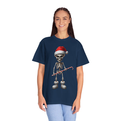 Skeletal Santa's Rockstar Christmas: Festive Skeletal Holiday Character, Digital Cartoon Illustration T-shirt – Custom T-Shirt by PixelCraft360, unique decoration for events and special gifts