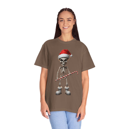 Skeletal Santa's Rockstar Christmas: Festive Skeletal Holiday Character, Digital Cartoon Illustration T-shirt – Custom T-Shirt by PixelCraft360, unique decoration for events and special gifts