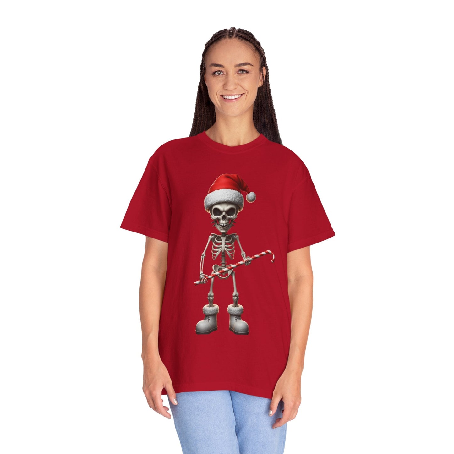 Skeletal Santa's Rockstar Christmas: Festive Skeletal Holiday Character, Digital Cartoon Illustration T-shirt – Custom T-Shirt by PixelCraft360, unique decoration for events and special gifts