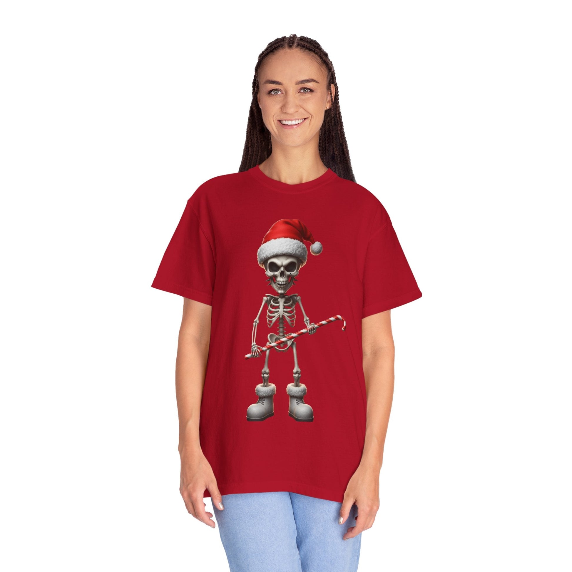 Skeletal Santa's Rockstar Christmas: Festive Skeletal Holiday Character, Digital Cartoon Illustration T-shirt – Custom T-Shirt by PixelCraft360, unique decoration for events and special gifts