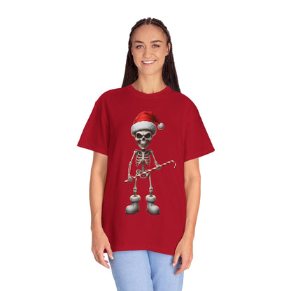 Skeletal Santa's Rockstar Christmas: Festive Skeletal Holiday Character, Digital Cartoon Illustration T-shirt – Custom T-Shirt by PixelCraft360, unique decoration for events and special gifts