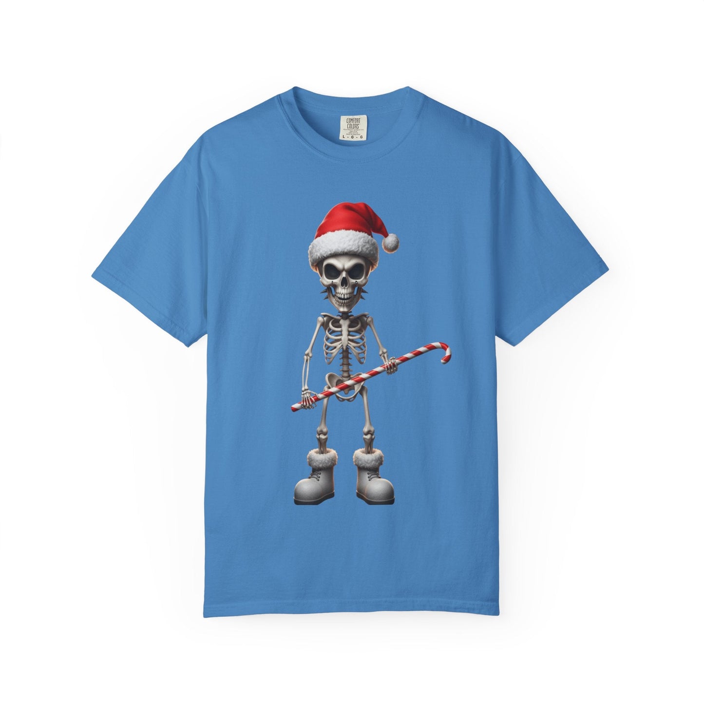 Skeletal Santa's Rockstar Christmas: Festive Skeletal Holiday Character, Digital Cartoon Illustration T-shirt – Custom T-Shirt by PixelCraft360, unique decoration for events and special gifts