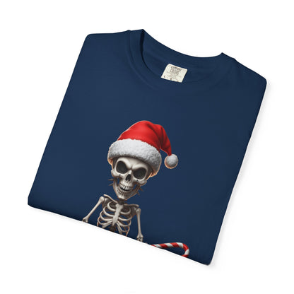 Skeletal Santa's Rockstar Christmas: Festive Skeletal Holiday Character, Digital Cartoon Illustration T-shirt – Custom T-Shirt by PixelCraft360, unique decoration for events and special gifts