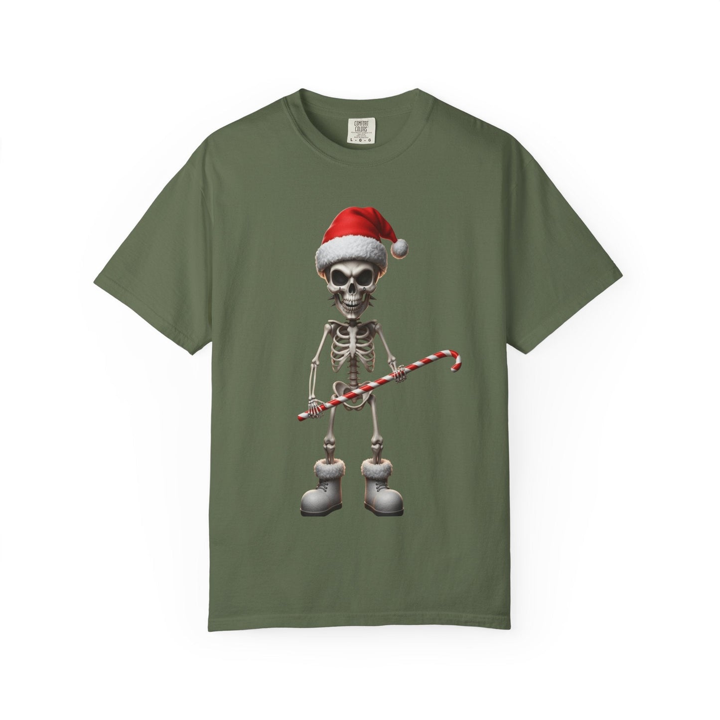 Skeletal Santa's Rockstar Christmas: Festive Skeletal Holiday Character, Digital Cartoon Illustration T-shirt – Custom T-Shirt by PixelCraft360, unique decoration for events and special gifts