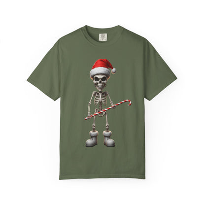 Skeletal Santa's Rockstar Christmas: Festive Skeletal Holiday Character, Digital Cartoon Illustration T-shirt – Custom T-Shirt by PixelCraft360, unique decoration for events and special gifts