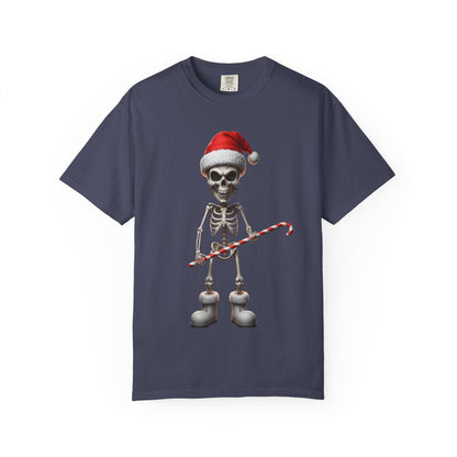 Skeletal Santa's Rockstar Christmas: Festive Skeletal Holiday Character, Digital Cartoon Illustration T-shirt – Custom T-Shirt by PixelCraft360, unique decoration for events and special gifts