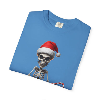 Skeletal Santa's Rockstar Christmas: Festive Skeletal Holiday Character, Digital Cartoon Illustration T-shirt – Custom T-Shirt by PixelCraft360, unique decoration for events and special gifts
