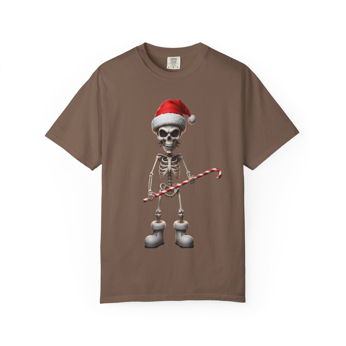 Skeletal Santa's Rockstar Christmas: Festive Skeletal Holiday Character, Digital Cartoon Illustration T-shirt – Custom T-Shirt by PixelCraft360, unique decoration for events and special gifts