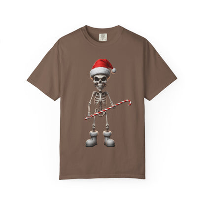 Skeletal Santa's Rockstar Christmas: Festive Skeletal Holiday Character, Digital Cartoon Illustration T-shirt – Custom T-Shirt by PixelCraft360, unique decoration for events and special gifts